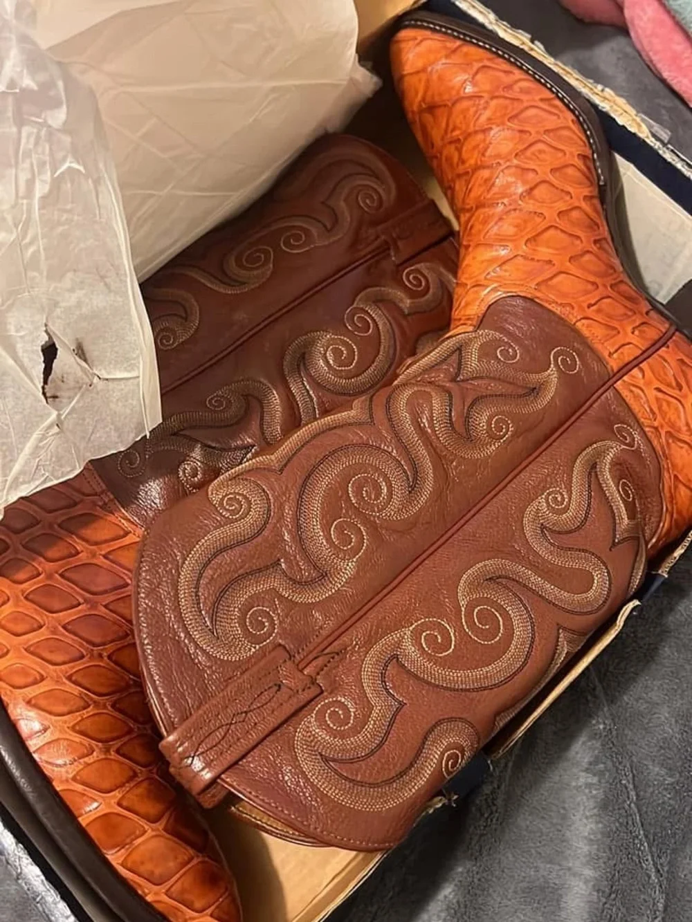Tony Lama Brown & Orange Western Embossed Leather Boots